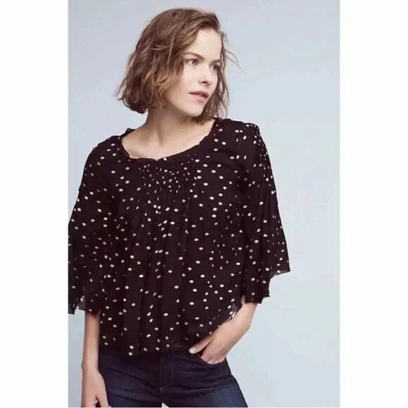 Floreat Anthropologie Everafter Black Metallic Gold Polka Dot Blouse Size Small - Picture 2 of 13
